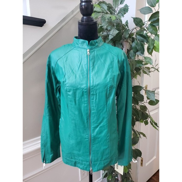 Jessica London Women's Teal Leather Long Sleeve Two Way Zipper Jacket Size 14 - Picture 13 of 14